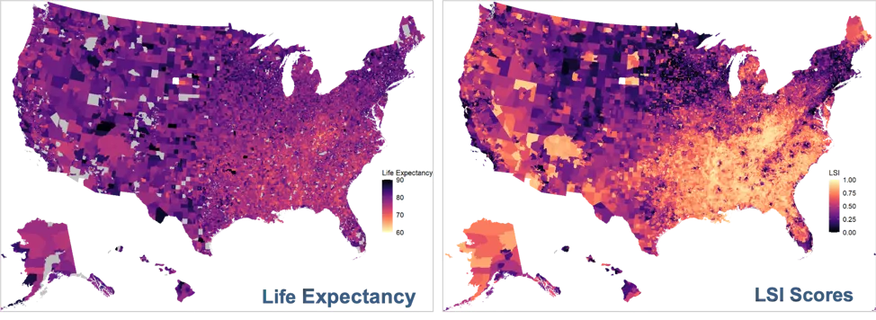 US maps with life expectancy and local social inequity heat maps